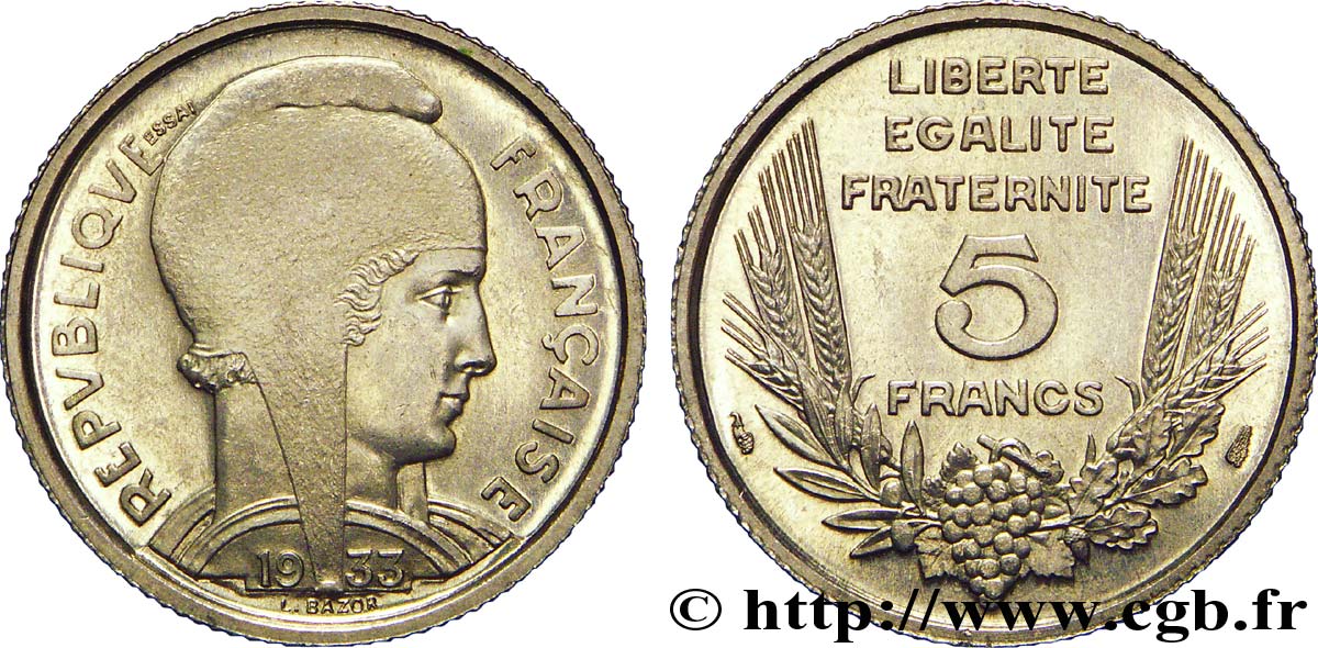 Concours de 5 francs, essai de Bazor en nickel 1933 Paris F.335/1 SUP 