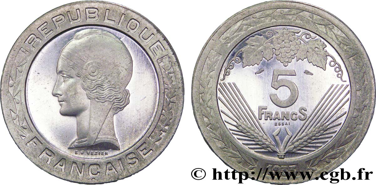 Concours de 5 francs, essai de Vézien en aluminium, lourd, 4,5 g 1933 Paris VG.5362 B MS 