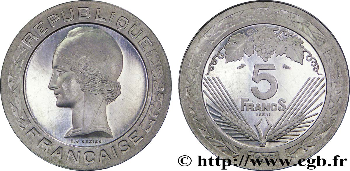 Concours de 5 francs, essai de Vézien en aluminium, poids intermédiaire, 4 g 1933 Paris VG.5362 B SPL 