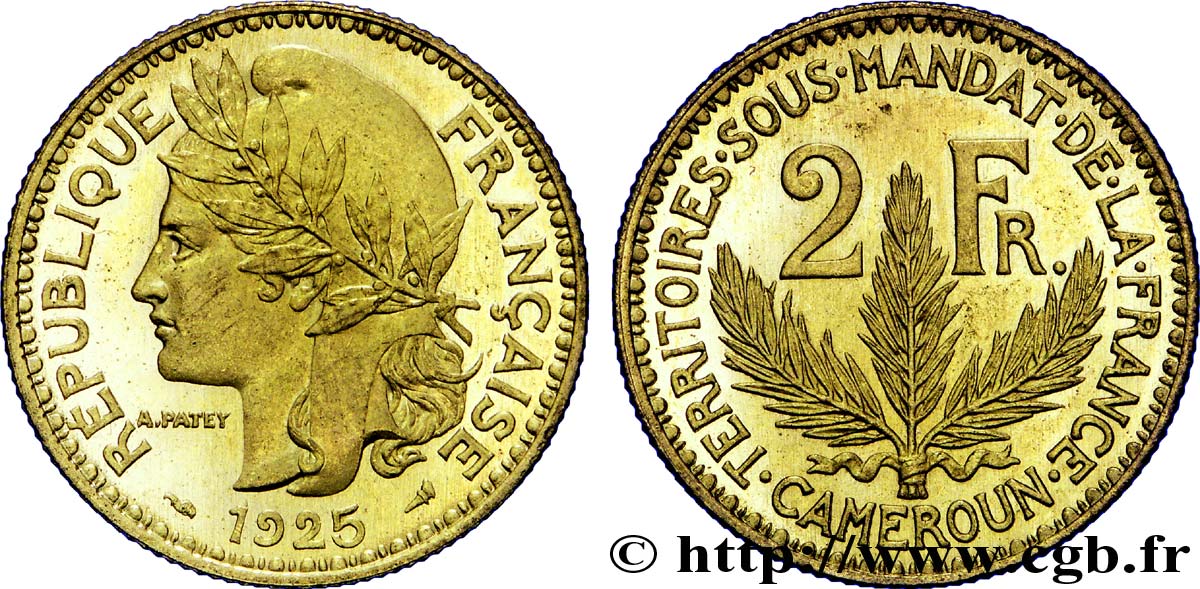 2 francs, Cameroun, Territoires sous mandat français - Pré-série de Morlon, poids lourd, 10 grammes 1925 Paris Lec.11  MS 