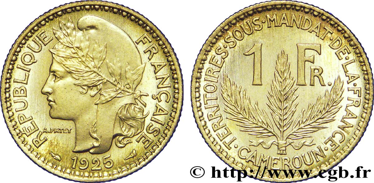 1 franc, Cameroun, Territoires sous mandat français - Pré-série de Morlon, poids lourd, 5 grammes 1925 Paris Lec.7  ST 