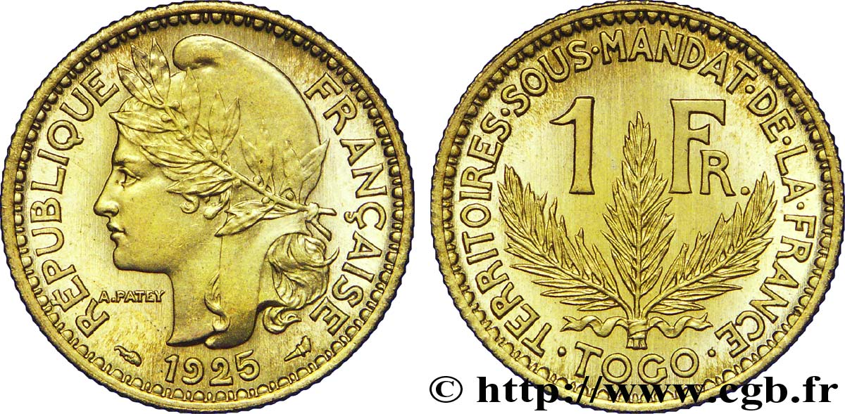 1 franc, Togo, Territoires sous mandat français - Pré-série de Morlon, poids lourd, 5 grammes 1925 Paris Lec.12  MS 