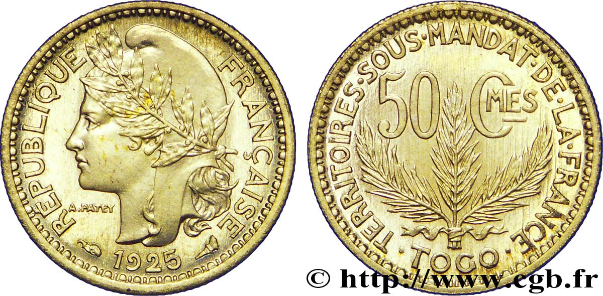 50 centimes, Togo, Territoires sous mandat français - Pré-série de Morlon, poids lourd, 2,5 grammes 1925 Paris Lec.8  ST 