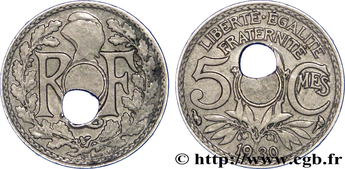 5 centimes Lindauer, petit module, trou décentré 1930 Paris F.122/13 var. BB 