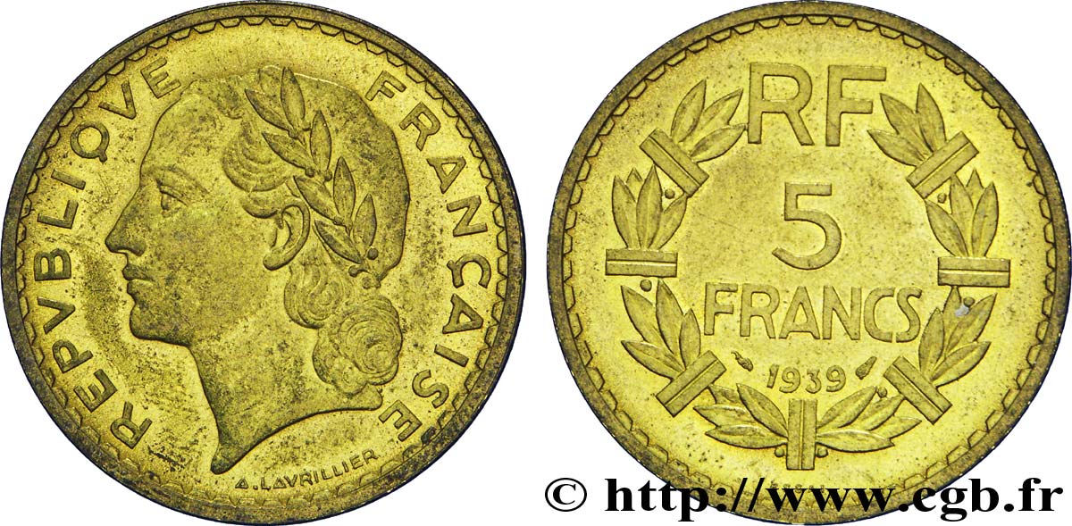 Essai de 5 francs Lavrillier, bronze-aluminium 1939 Paris F.337/2 SUP 