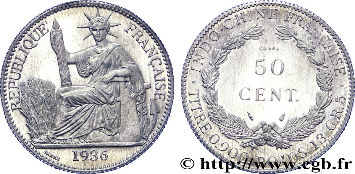 III REPUBLIC - INDOCHINA Essai de 50 cent en aluminium, léger 1936 Paris MS 