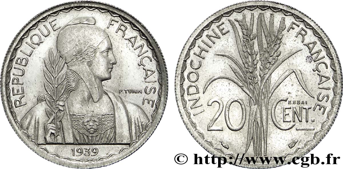 III REPUBLIC - INDOCHINE Pré-série avec le mot Essai 20 centimes, 6,8 g ? 1939 Paris FDC 