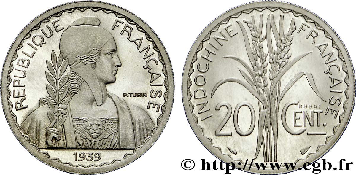 III REPUBLIC - INDOCHINE Pré-série avec le mot Essai 20 centimes, 5 g ? 1939 Paris FDC 