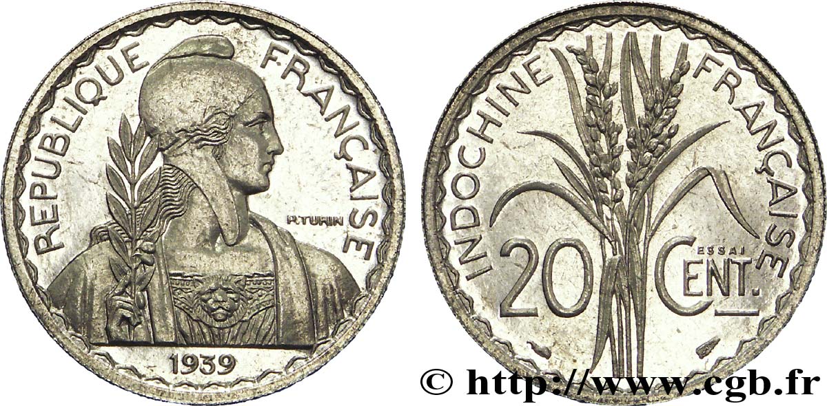 III REPUBLIC - INDOCHINE Essai de 20 centimes 1939 Paris MS 