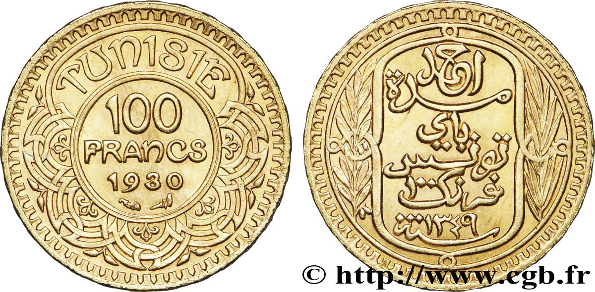 THIRD REPUBLIC - TUNISIA - FRENCH PROTECTORATE 100 francs or 1930 Paris AU 