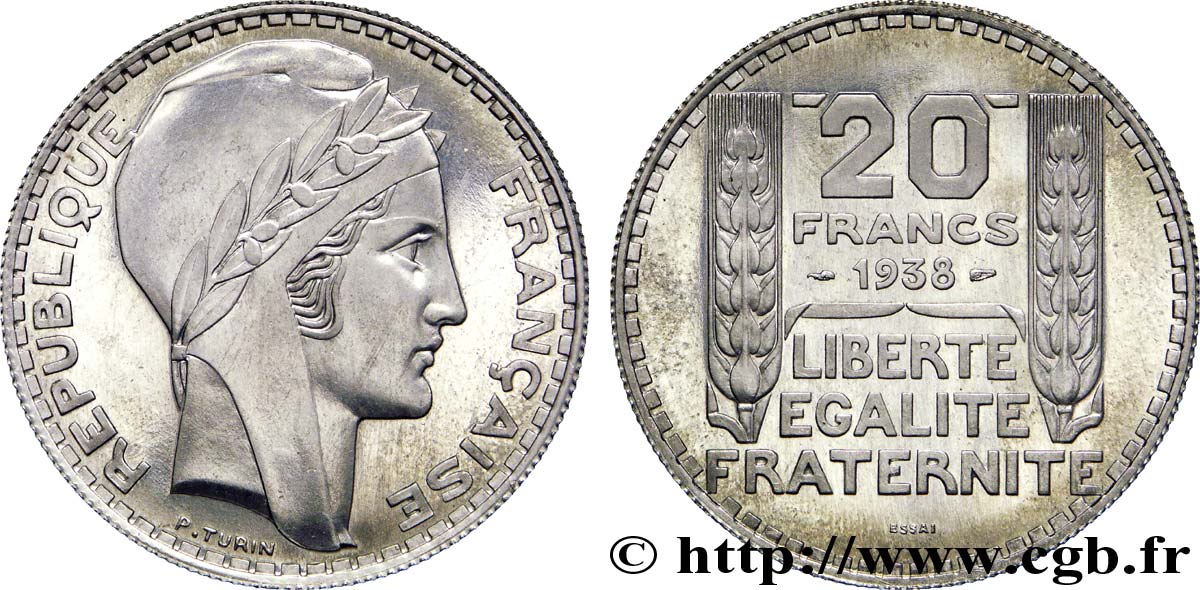 Préparation de la 20 francs Pétain, type Turin, essai en aluminium, tranche striée, 5,30 g 1938 Paris VG.5489  b SPL 