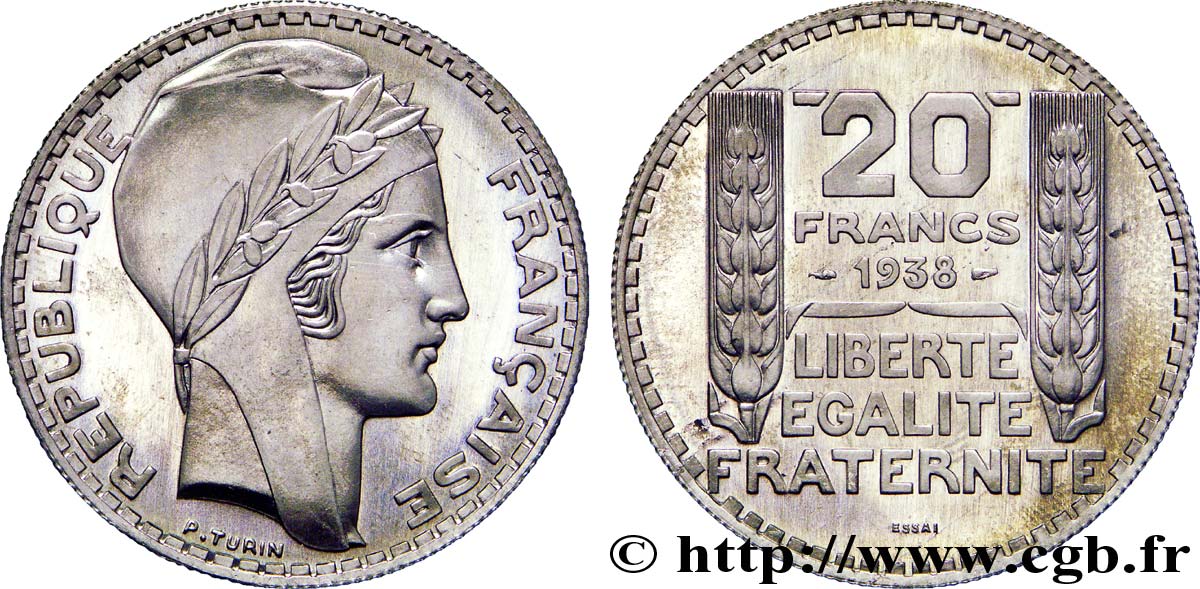Préparation de la 20 francs Pétain, type Turin, essai en aluminium, tranche striée, 4,5 g 1938 Paris VG.5489  b SPL 