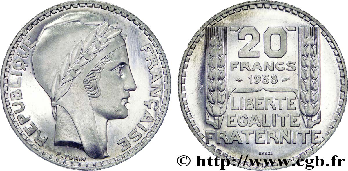 Préparation de la 20 francs Pétain, type Turin, essai en aluminium, tranche striée, 3,6 g 1938 Paris VG.5489  b ST 