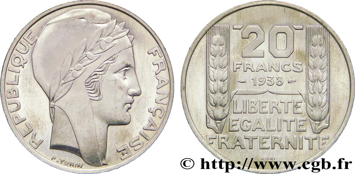 Préparation de la 20 francs Pétain, type Turin, essai en aluminium, tranche lisse, 5 g 1938 Paris VG.5489  b FDC 