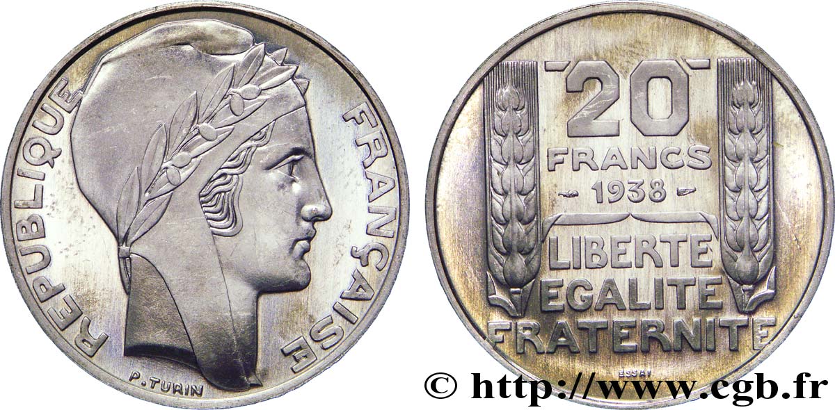 Préparation de la 20 francs Pétain, type Turin, essai en aluminium, tranche lisse, 4,6 g 1938 Paris VG.5489  b FDC 
