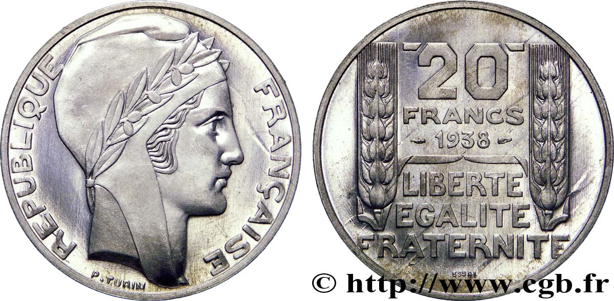 Préparation de la 20 francs Pétain, type Turin, essai en aluminium, tranche lisse, 4 g 1938 Paris VG.5489  b MS 