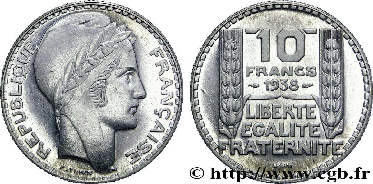 Préparation de la 10 francs Pétain, type Turin, essai en aluminium, tranche striée, léger 1938 Paris VG.cf. 5489 c SPL 