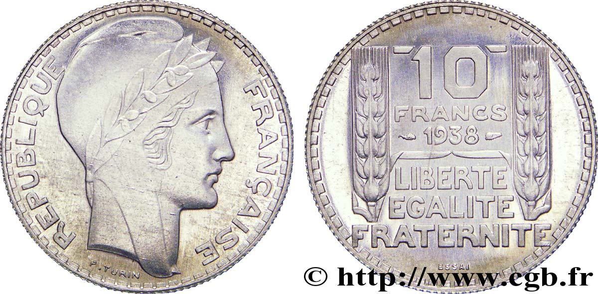 Préparation de la 10 francs Pétain, type Turin, essai en aluminium, tranche striée, léger 1938 Paris VG.cf. 5489 c MS 