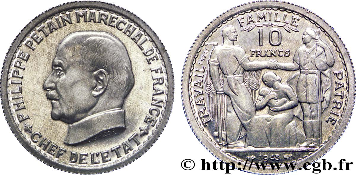 Essai de 10 francs Pétain en aluminium de Bazor/Vézien 1943 Paris G.809 var fST 