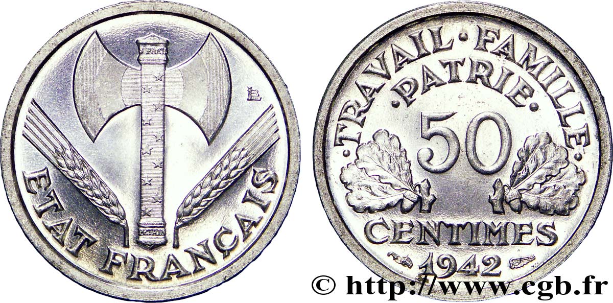 50 centimes Francisque, lourde, frappe courante, premiers exemplaires avec les croix 1942 Paris F.195/2 ST 