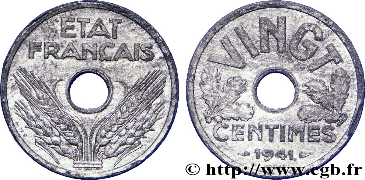 Essai-piéfort de VINGT centimes État français 1941 Paris F.152/1P SUP 