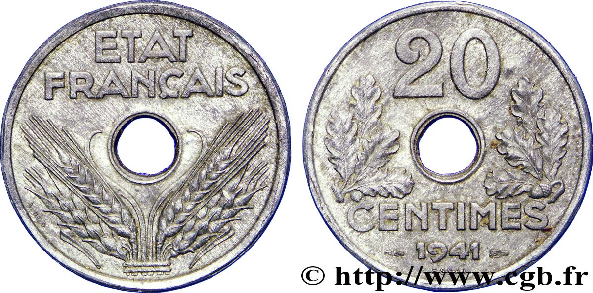 Essai-piéfort de 20 centimes État français 1941 Paris F.153/1P VZ 
