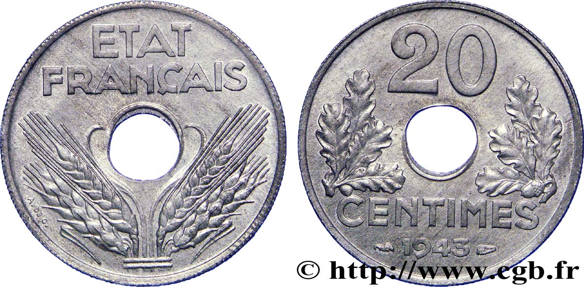 20 centimes État français, frappe courante 1943 Paris F.153A/1 fST 