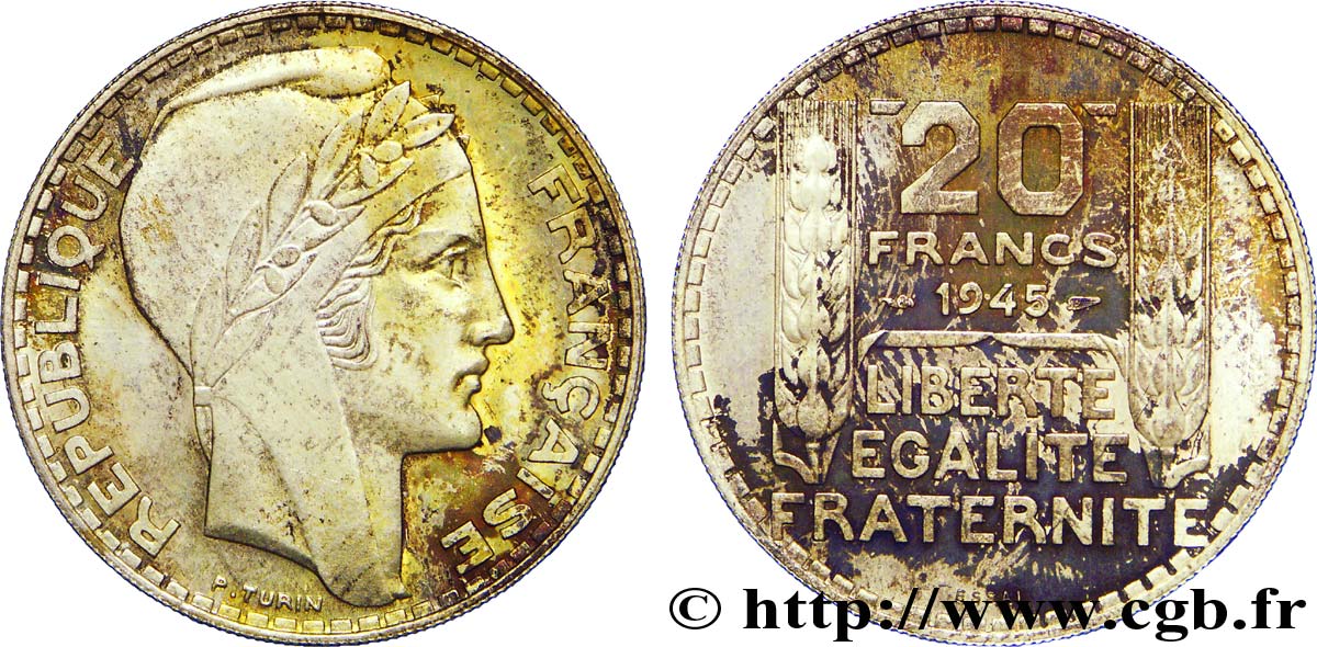 Essai de 20 francs Turin en argent, rameaux courts, poids lourd 1945 Paris Maz.2745 var. MS 