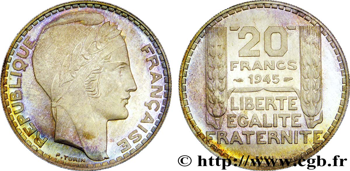Essai de 20 francs Turin en argent, rameaux courts, poids léger 1945 Paris Maz.2745 var FDC 