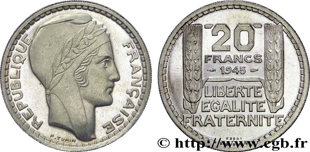 Essai de 20 francs Turin en cupro-nickel, rameaux courts 1945 Paris Maz.2745  FDC 