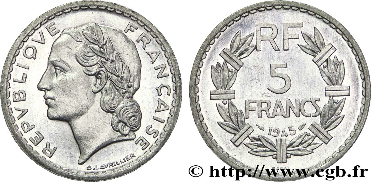 Essai de 5 francs Lavrillier, aluminium, poids lourd 1945 Paris F.339/1 var. SC 