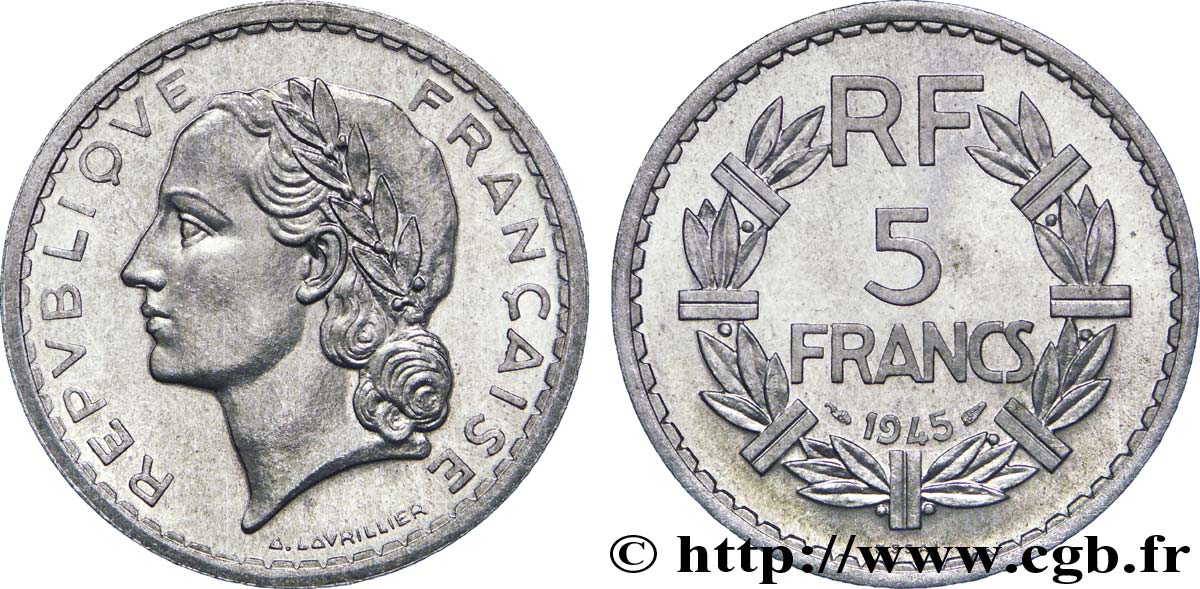 Essai de 5 francs Lavrillier, aluminium, poids standard 1945 Paris F.339/1 SPL 