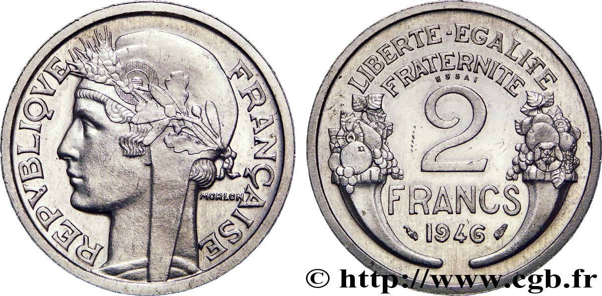 Essai-piéfort de 2 francs Morlon en aluminium 1946 Paris G.538 a P SUP 