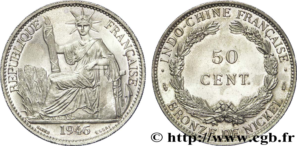 PROVISORY GOVERNEMENT OF THE FRENCH REPUBLIC - INDOCHINE Essai de 50 centimes 1946 Paris ST 