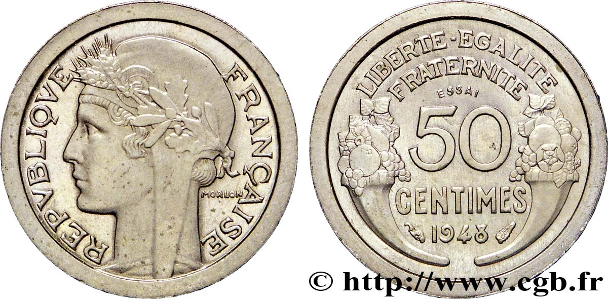 Essai lourd et étroit de 50 centimes Morlon en cupro-nickel (?) 1948 Paris Maz.2751 (1946) SPL 
