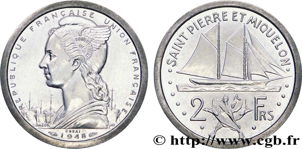 FRENCH FOURTH REPUBLIC - FRENCH UNION - SAINT-PIERRE AND MIQUELON Essai-piéfort de 2 francs Union française en aluminium 1948  AU 