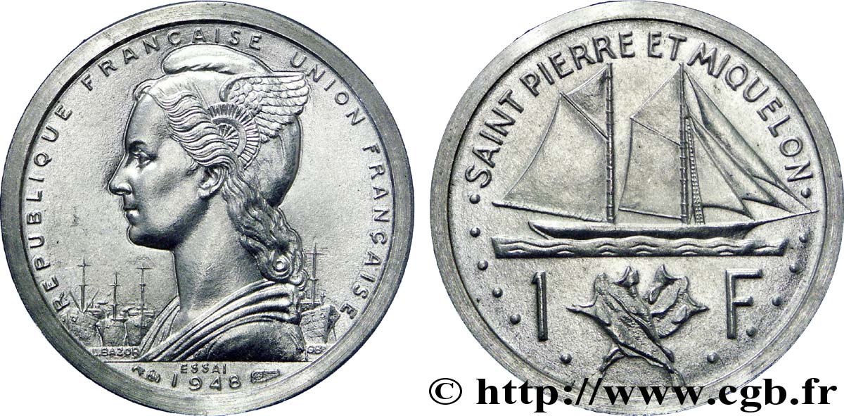 FRENCH FOURTH REPUBLIC - FRENCH UNION - SAINT-PIERRE AND MIQUELON Essai-piéfort de 1 franc Union française en aluminium 1948  AU 
