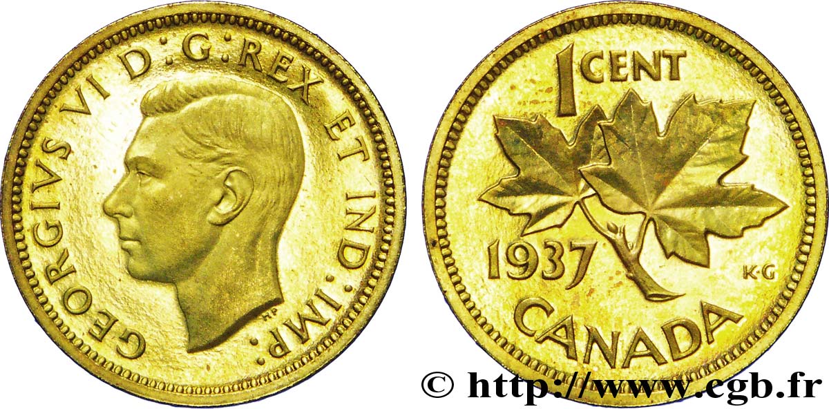 CANADA - GEORGE VI Épreuve de 1 cent en laiton 1937  MS 