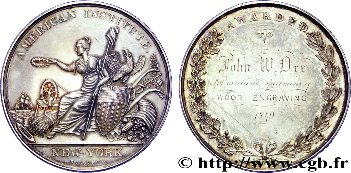ÉTATS-UNIS D AMÉRIQUE Médaille AR 51, médaille de récompense 1849  SUP 