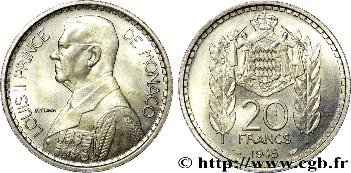 MONACO - LOUIS II Essai de 20 francs 1945 Paris ST 