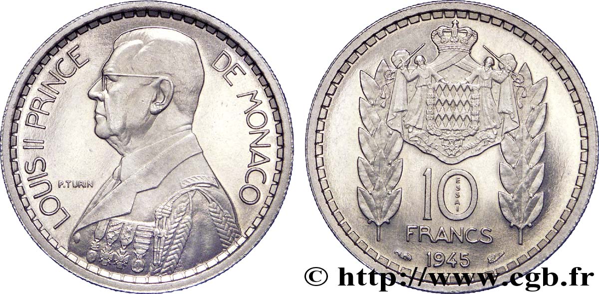MONACO - LOUIS II Essai de 10 francs Turin 1945 Paris FDC 