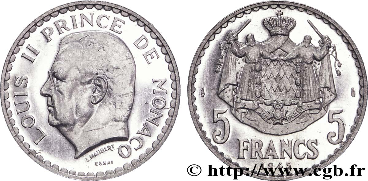 MONACO - LOUIS II Essai de 5 francs, aluminium 1945 Paris EBC 