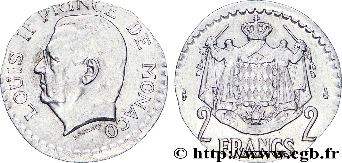 MONACO - LOUIS II 2 francs Louis II, aluminium, erreur de flan n.d. Paris AU 