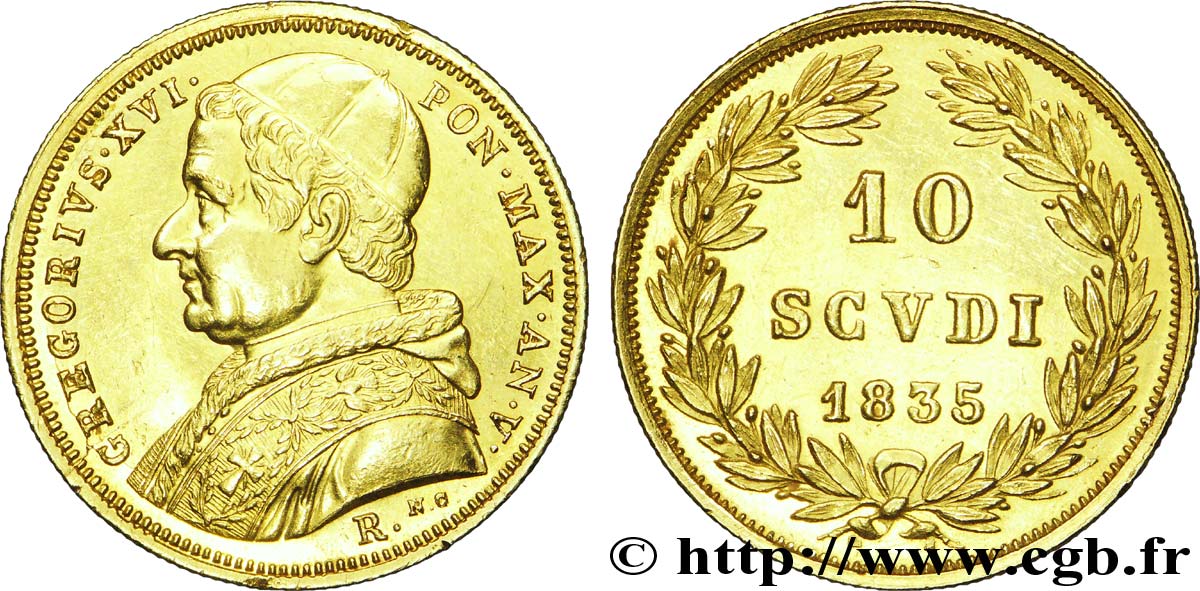 ITALY - PAPAL STATES - GREGORY XVI (Bartolomeo Alberto Cappellari) 10 scudi or 1835 Rome XF 