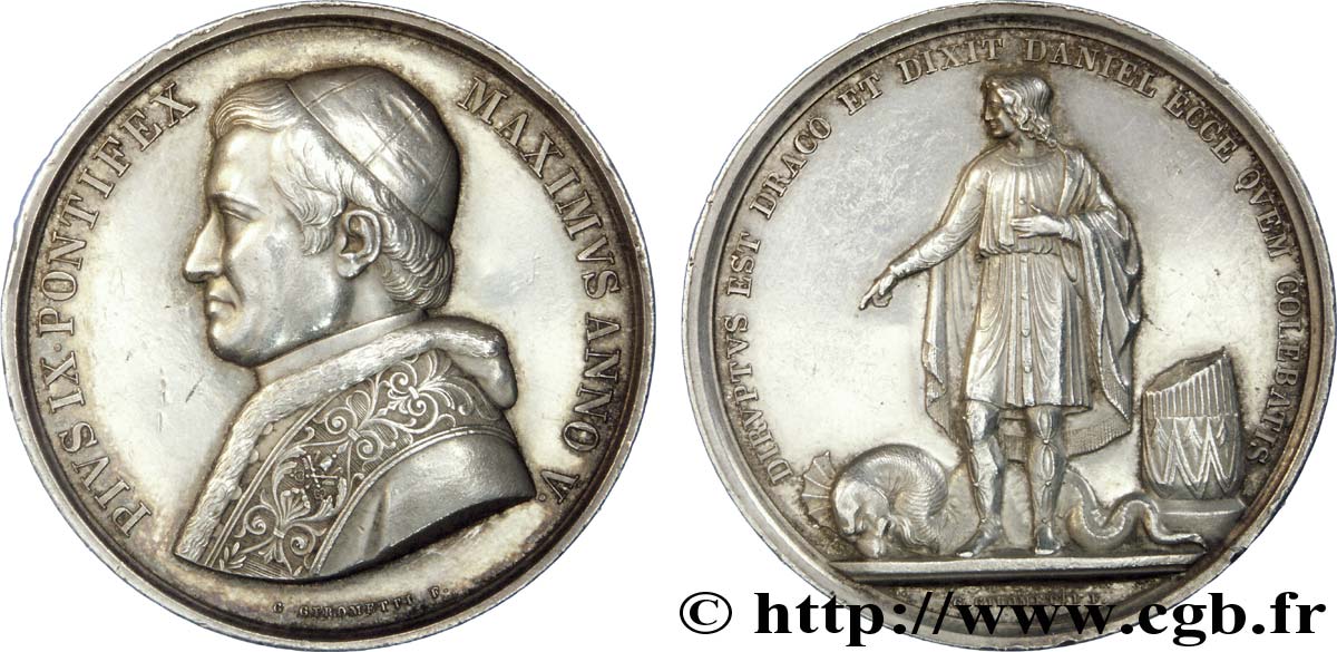 ITALY - PAPAL STATES - PIUS IX (Giovanni Maria Mastai Ferretti) Médaille AR 43, Daniel et le dragon 1850 Rome AU 