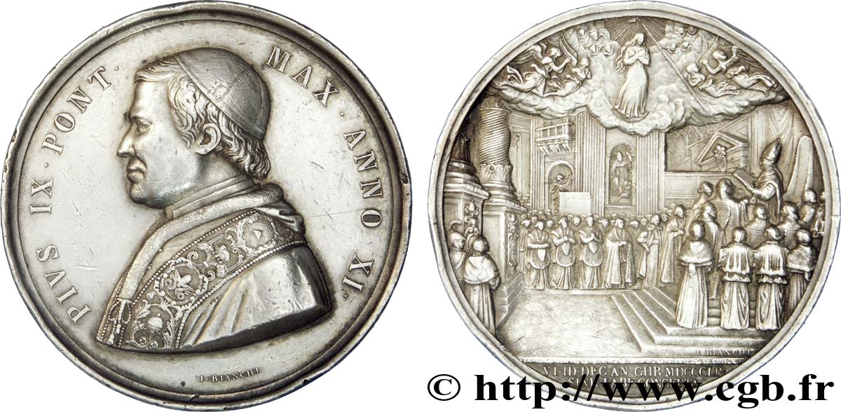 ITALIA - STATO PONTIFICIO - PIE IX (Giovanni Maria Mastai Ferretti) Médaille AR 43, Dogme de l’Immaculée Conception 1856 Rome XF 