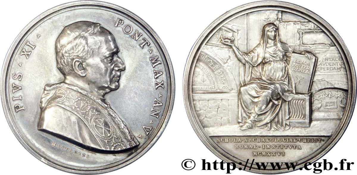 VATICAN - PIUS XI (Achille Ratti) Médaille AR 44, Institut pontifical d’archéologie chrétienne 1926 Rome AU 
