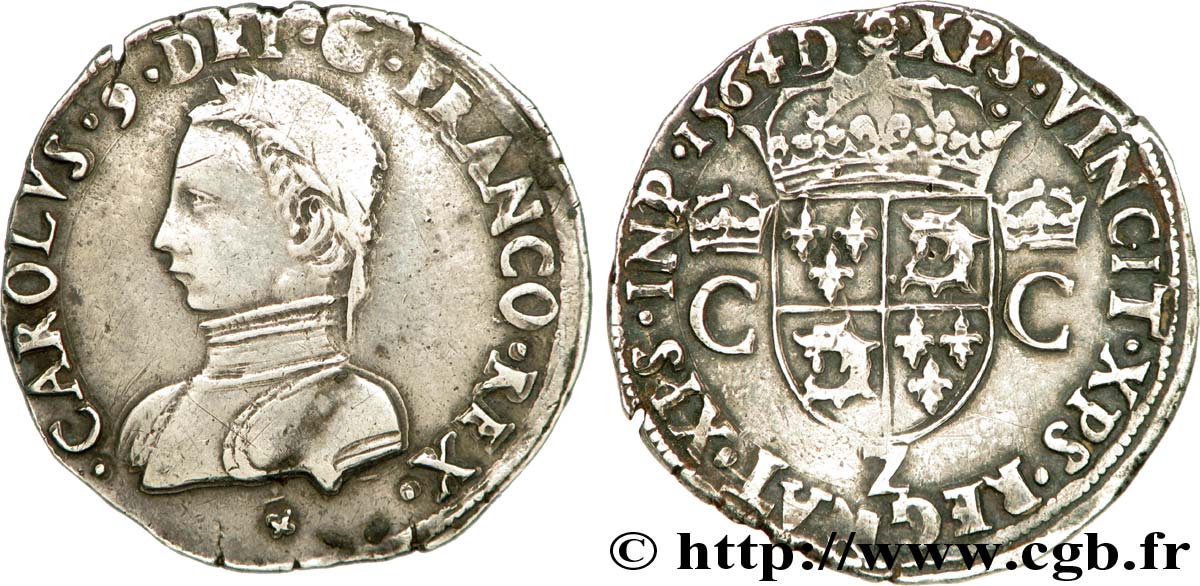 CHARLES IX Teston du Dauphiné 1564 Grenoble VF/XF