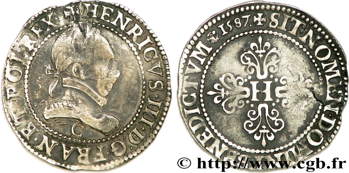 HENRY III Demi-franc au col plat 1587 Saint-Lô VF/XF