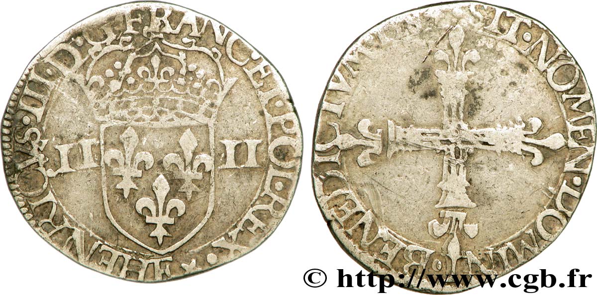 HENRY III Quart d écu, écu de face 1584 Tours VF/VF
